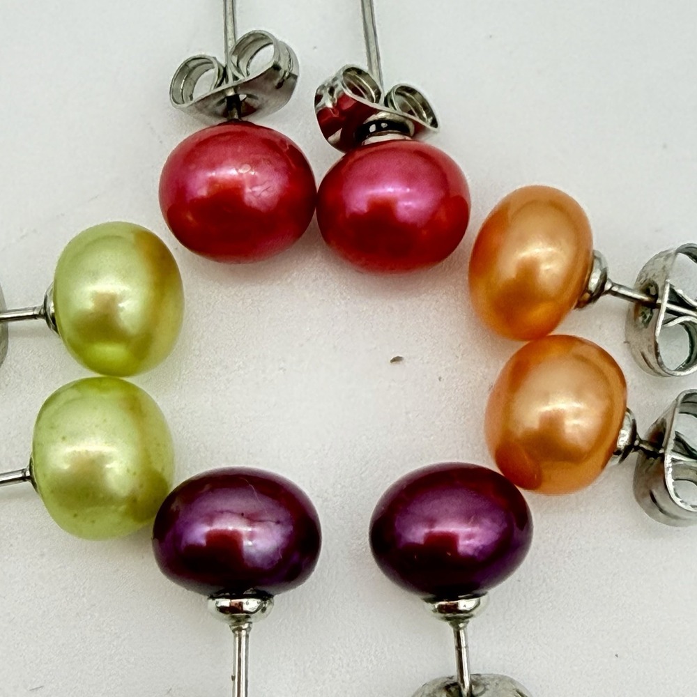 Vtg Genuine Freshwater Pearl Earrings 8mm Studs Multicolored Pastel Set Of 4